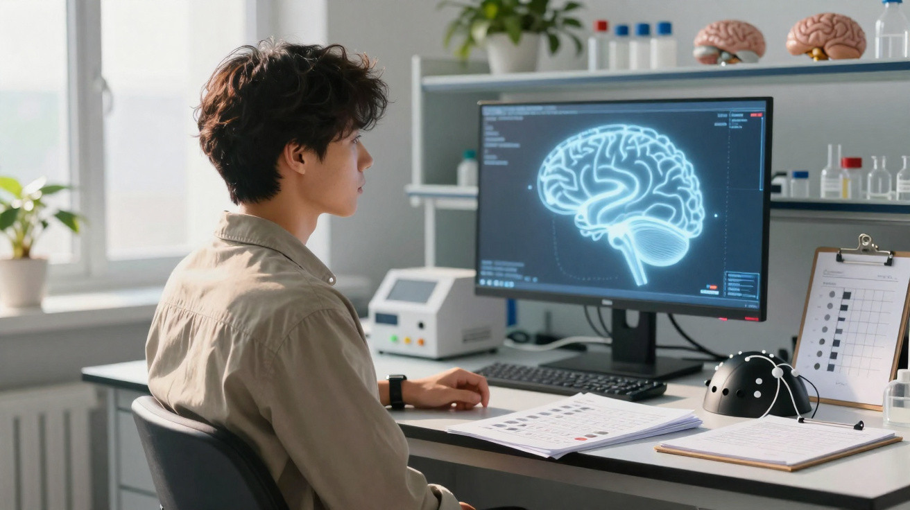 Person betrachtet am Schreibtisch ein 3D-Modell eines Gehirns auf einem Computerbildschirm in einem Labor.