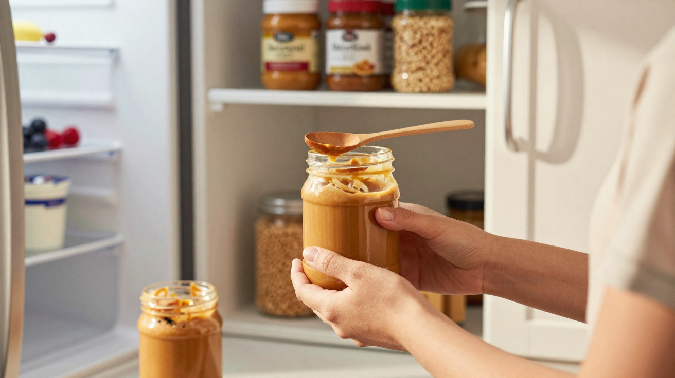 Person hält geöffnetes Glas mit Erdnussbutter vor einem Kühlschrank mit Gläsern und Vorräten.