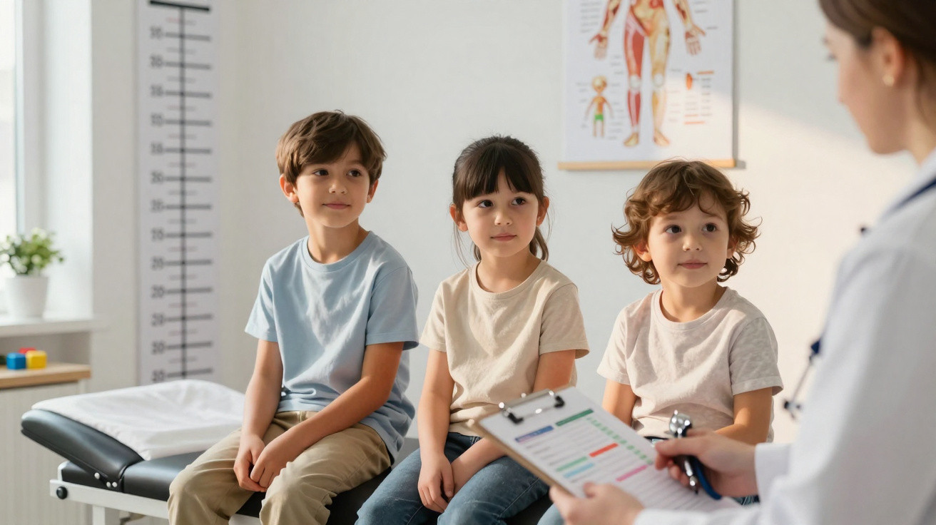 Drei wartende Kinder sitzen im Arztzimmer, während eine Ärztin Notizen auf einem Klemmbrett macht.