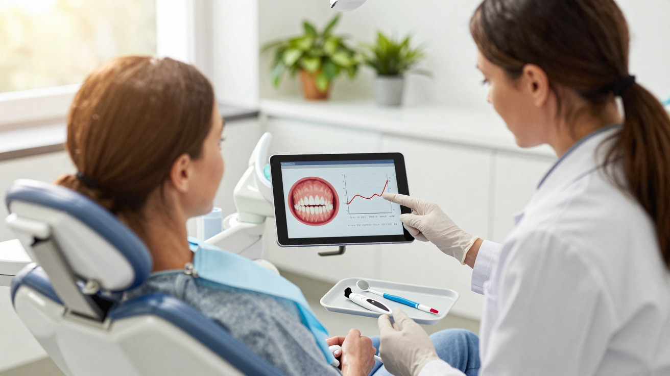 Zahnärztin erklärt Patientin Zahnstatus und Behandlungsverlauf anhand eines Diagramms auf Tablet im Behandlungsstuhl.