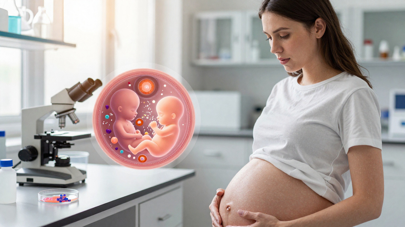 Schwangere Frau im Labor neben Mikroskop und digitaler Darstellung von zwei Feten im Mutterleib.