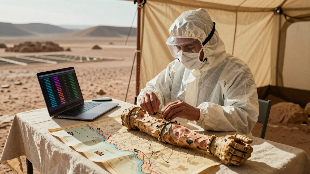 Person in Schutzanzug analysiert Prototyp eines futuristischen Arms auf einem Tisch mit Karte in Wüstenzelt