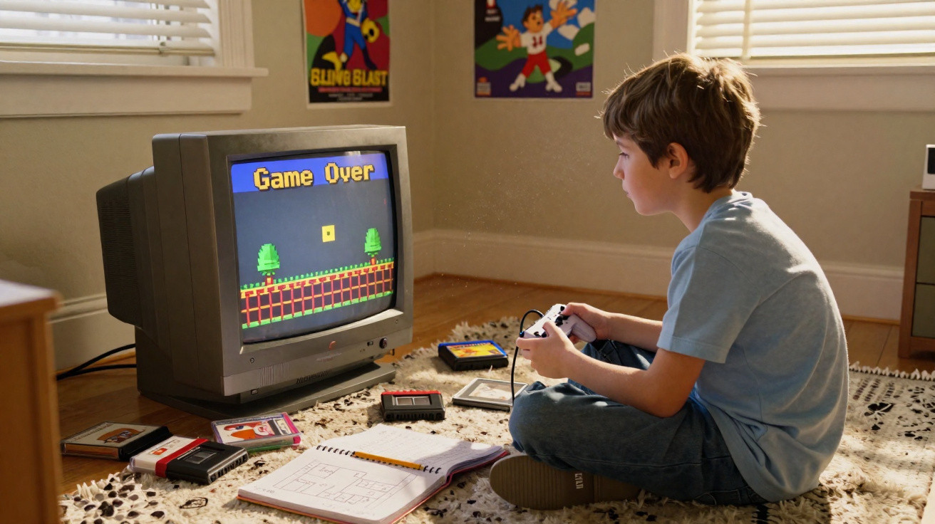 Junge sitzt am Boden vor altem Fernseher und spielt Videospiel mit Spielergebnis "Game Over" auf dem Bildschirm.