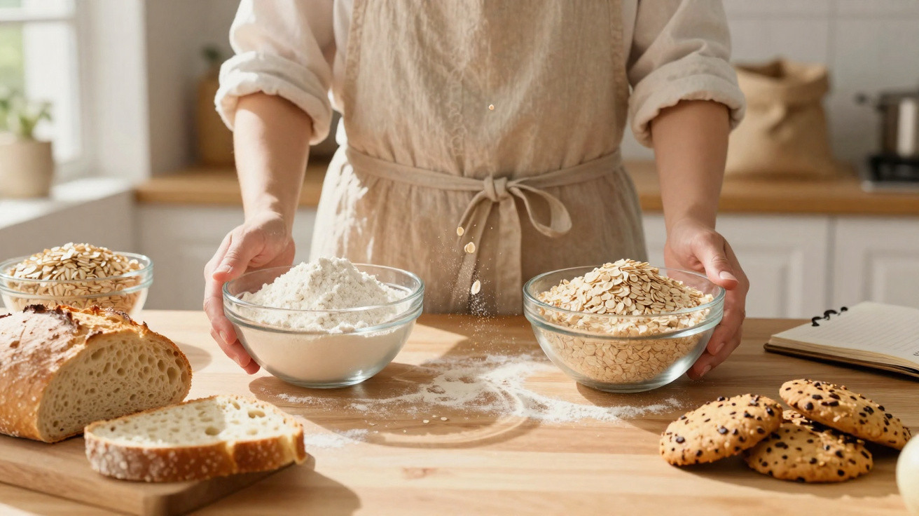 Person in Schürze mit Mehl und Haferflocken in Glasschalen, Brot und Kekse auf Holztisch in Küche.