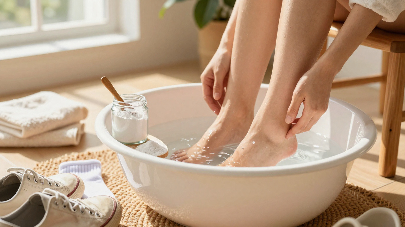 Füße baden in Fußbadewanne mit Wasser, neben Schuhen und einem Glas mit Salz oder Peeling.