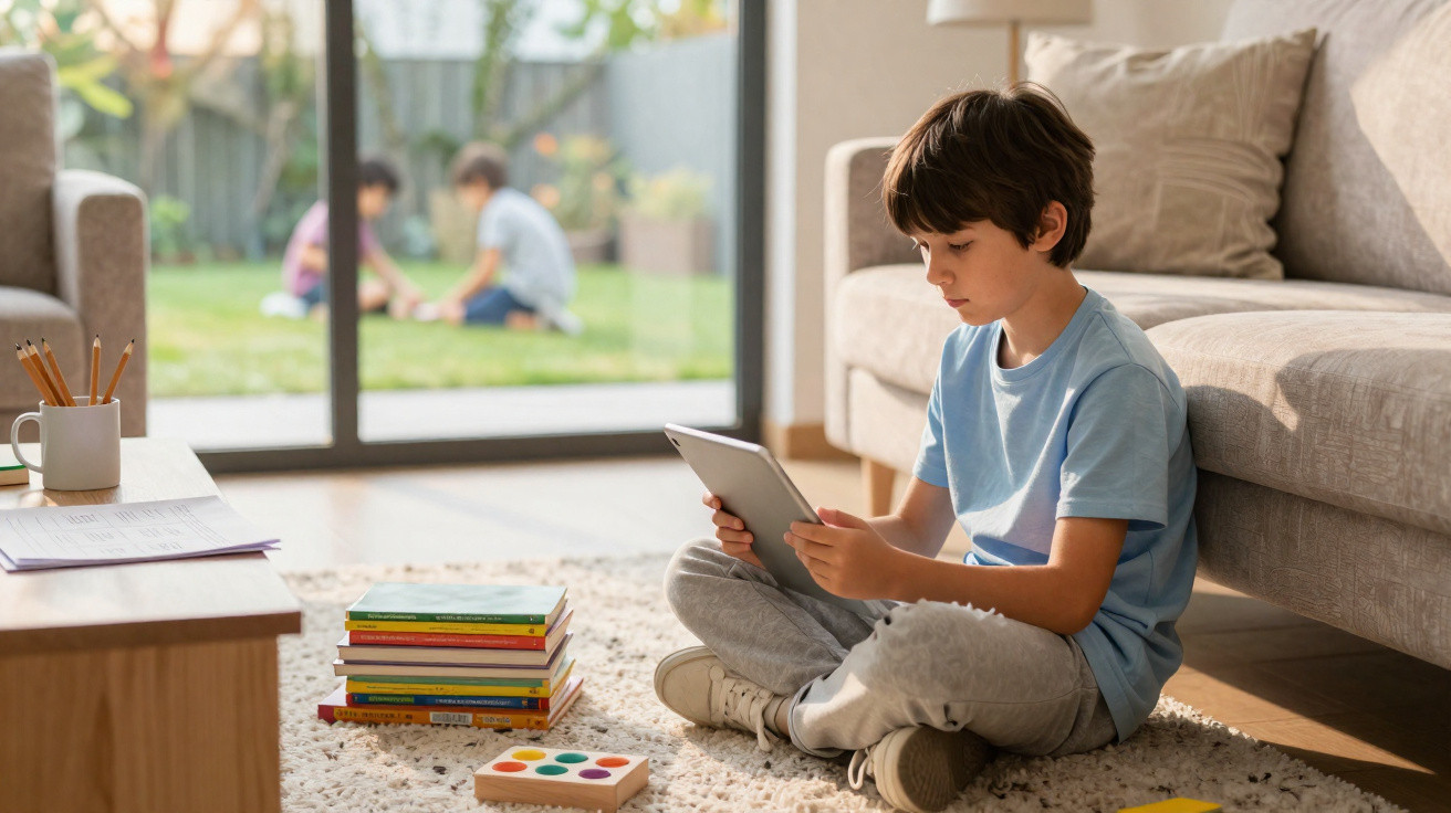 Junge sitzt im Wohnzimmer auf Teppich und nutzt ein Tablet, im Hintergrund spielen Kinder im Garten.