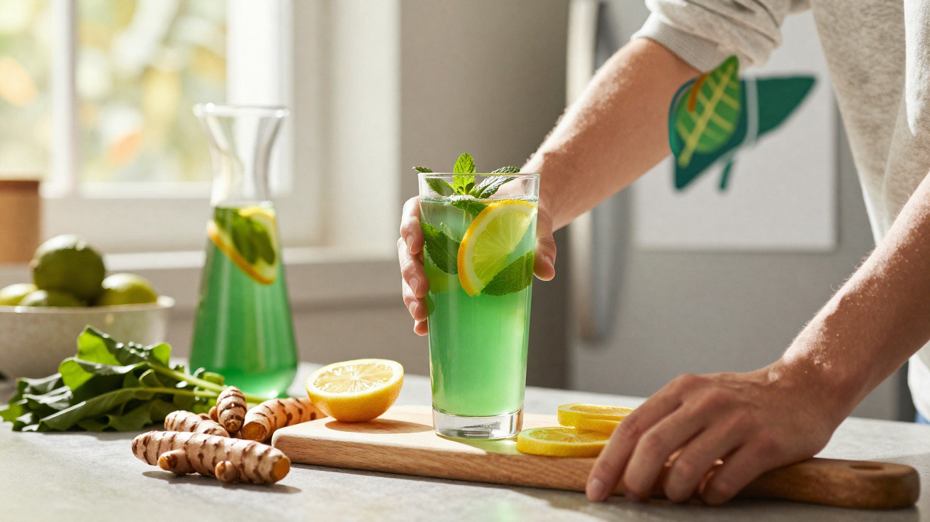 Person hält Glas mit grünem Detox-Getränk, garniert mit Zitronenscheiben und Minze in heller Küche.
