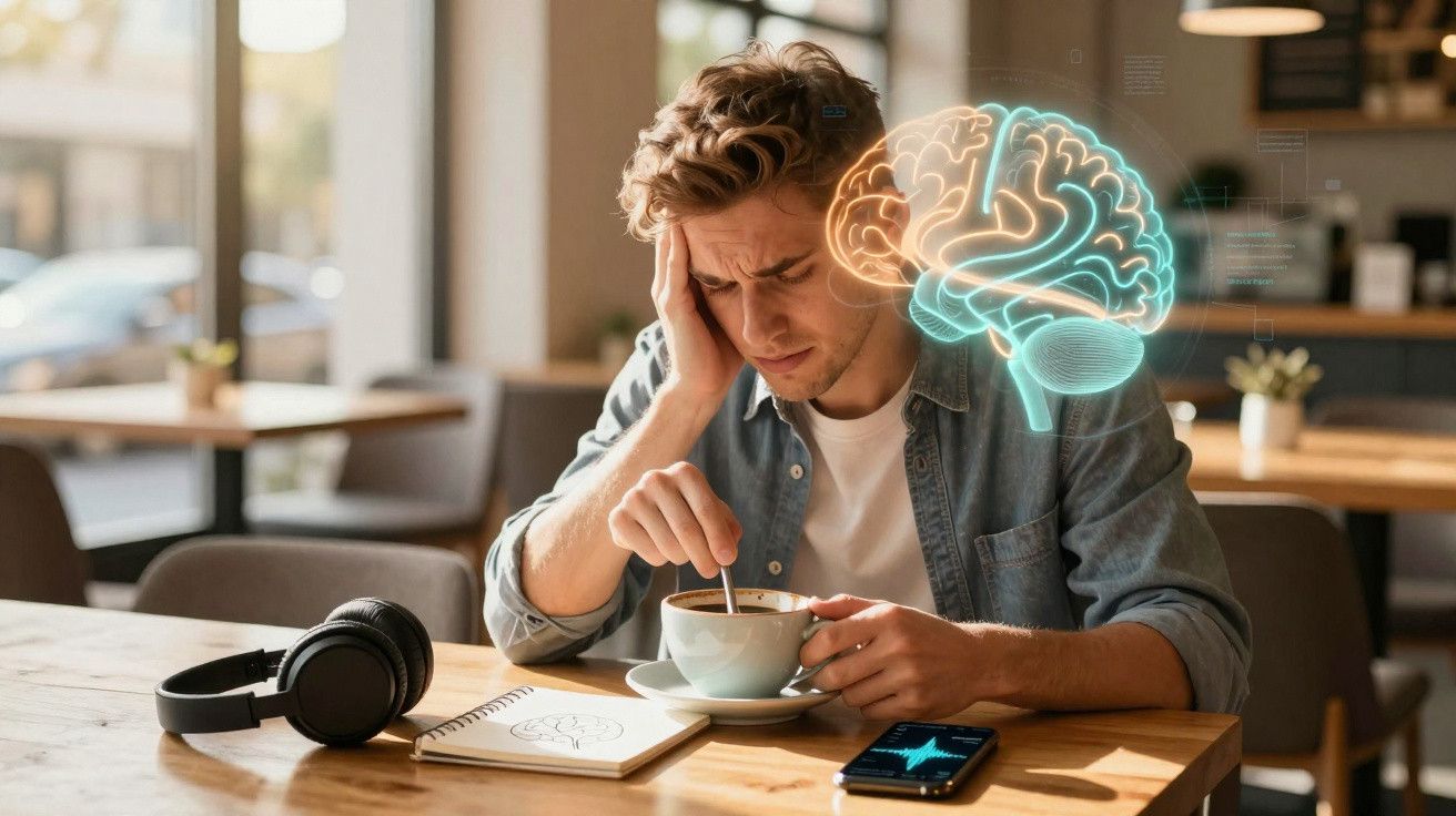 Junger Mann mit Kopfschmerzen sitzt am Tisch, rührt Kaffee, Gehirn-Illustration schwebt neben ihm.