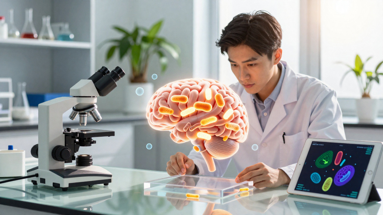 Wissenschaftler im Labor untersucht Gehirn und Bakterien mit Mikroskop und Tablet.