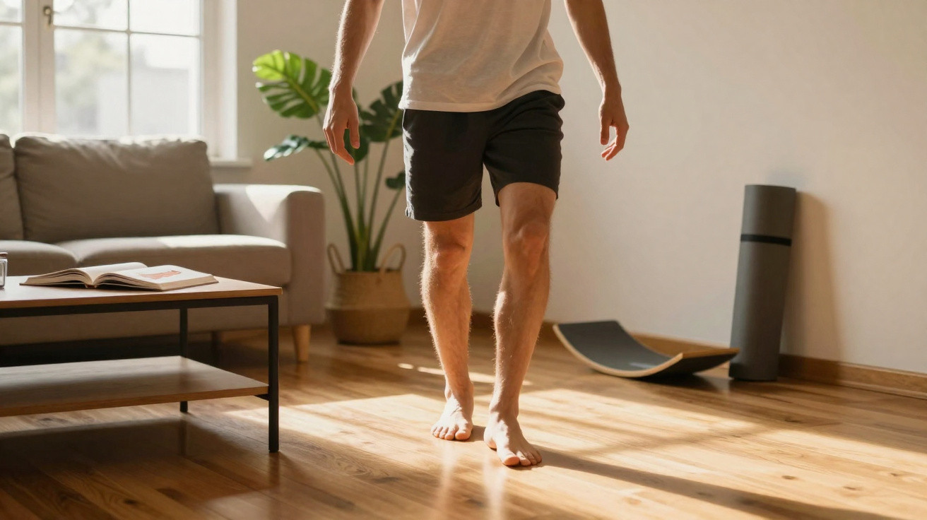 Barfüßiger Mann in Shorts geht in hellem Wohnzimmer mit Holzfußboden langsamen Schrittes.