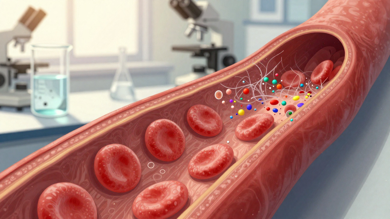 Querschnitt einer Arterie mit roten Blutkörperchen und Molekülen in einem Laborumfeld.