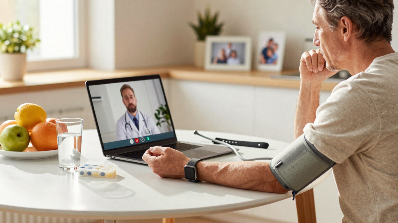 Mann misst Blutdruck bei Videosprechstunde mit Arzt auf Laptop in heller Küche