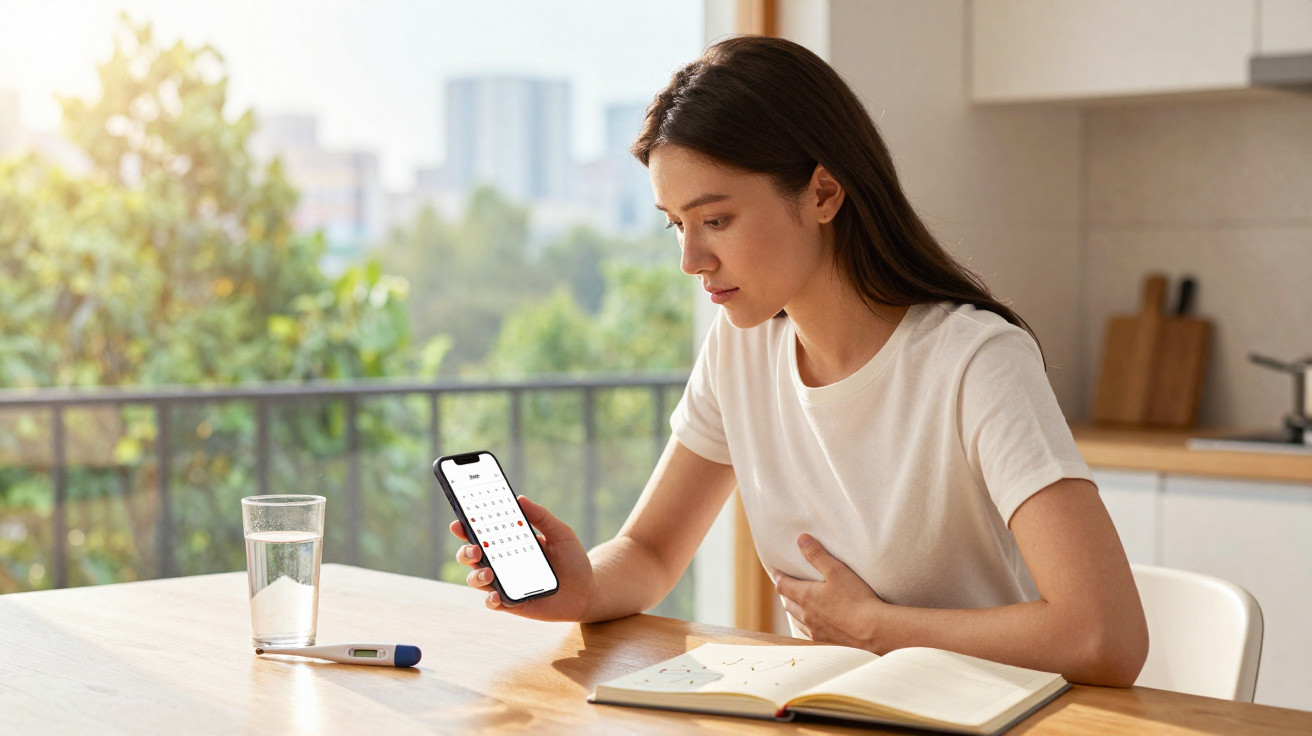 Junge Frau sitzt am Tisch, hält Smartphone mit Kalender und hat Hand auf Bauch, Thermometer und Glas Wasser daneben.