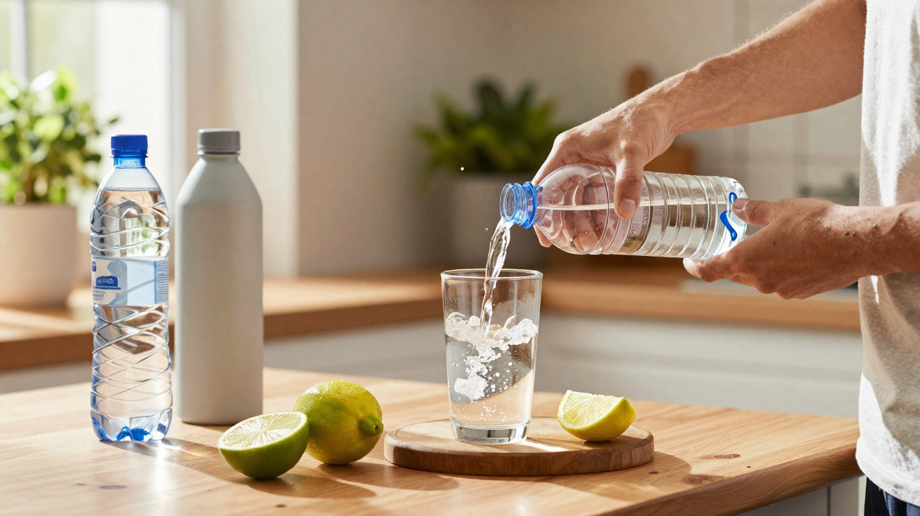 Person gießt Wasser aus Plastikflasche in Glas auf Holztisch mit Limetten und Thermosflasche im Hintergrund.