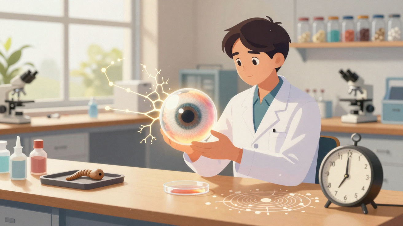 Wissenschaftler in Labor hält leuchtendes, großes Auge, umgeben von chemischen Symbolen und Uhr auf Tisch.