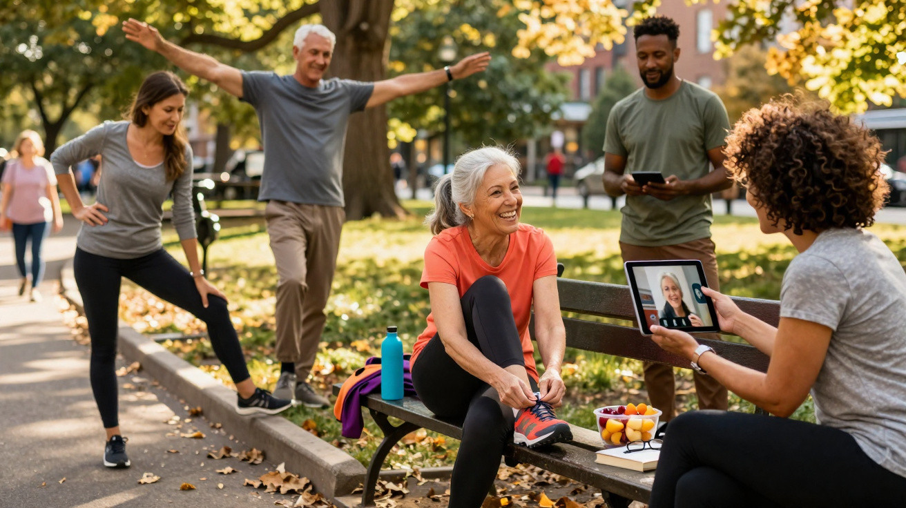 Mehrgenerationengruppe trainiert gemeinsam im Park an einem sonnigen Herbsttag.