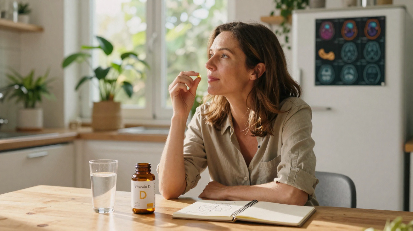 Frau sitzt am Tisch, hält Vitamin-D-Tablette, vor ihr ein Glas Wasser und ein Notizbuch, sonniger Raum im Hintergrund.