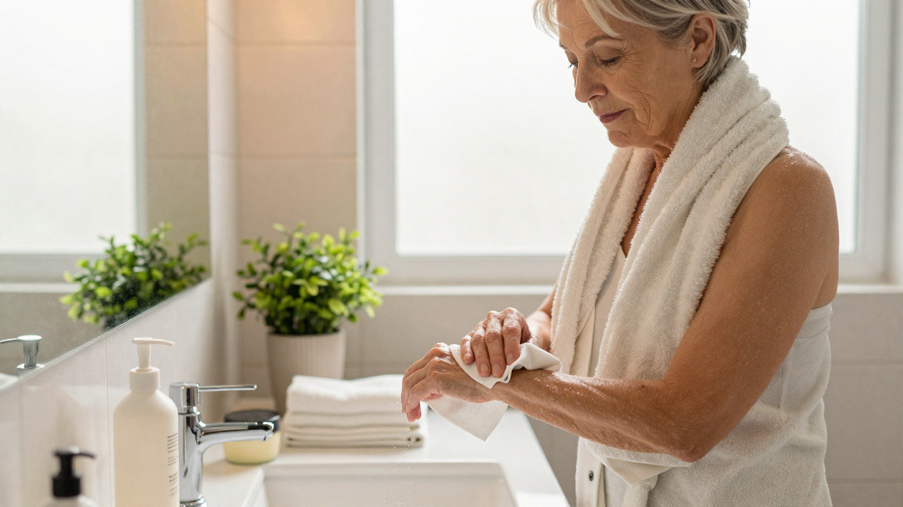 Ältere Frau mit Handtuch trocknet sich nach der Dusche die Arme im hellen Badezimmer.