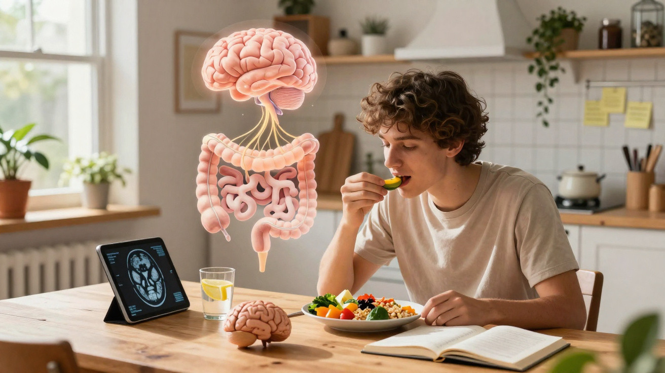 Junger Mann isst gesundes Essen, daneben schematische Darstellung von Gehirn und Darmverbindung.