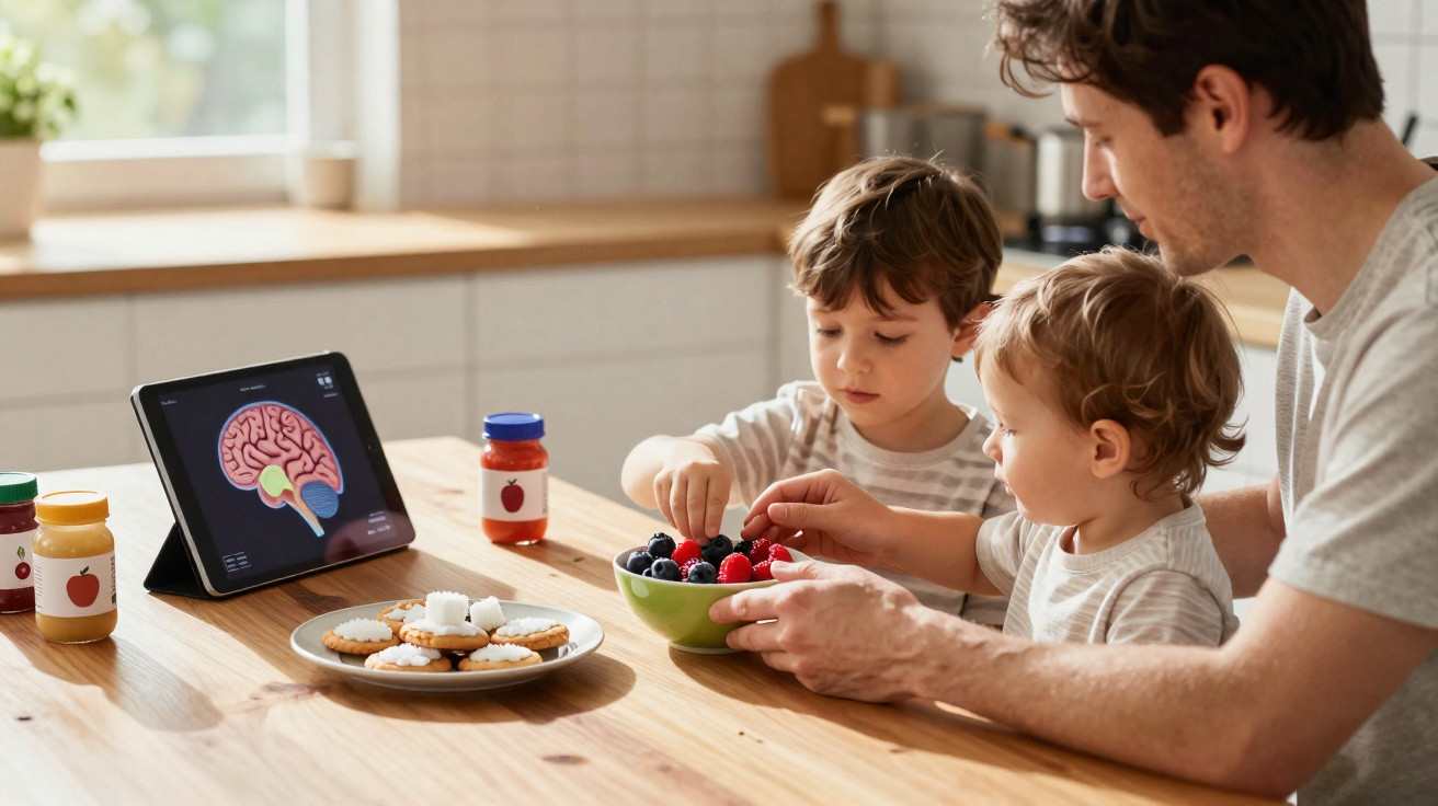 Vater sitzt mit zwei Kindern am Tisch, zeigt Beeren in Schüssel, Tablet zeigt Gehirnabbildung in der Küche.