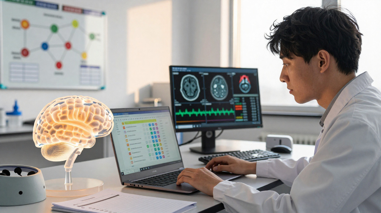 Neurowissenschaftler analysiert Gehirnscans und Daten auf Laptop und Monitor im Labor.