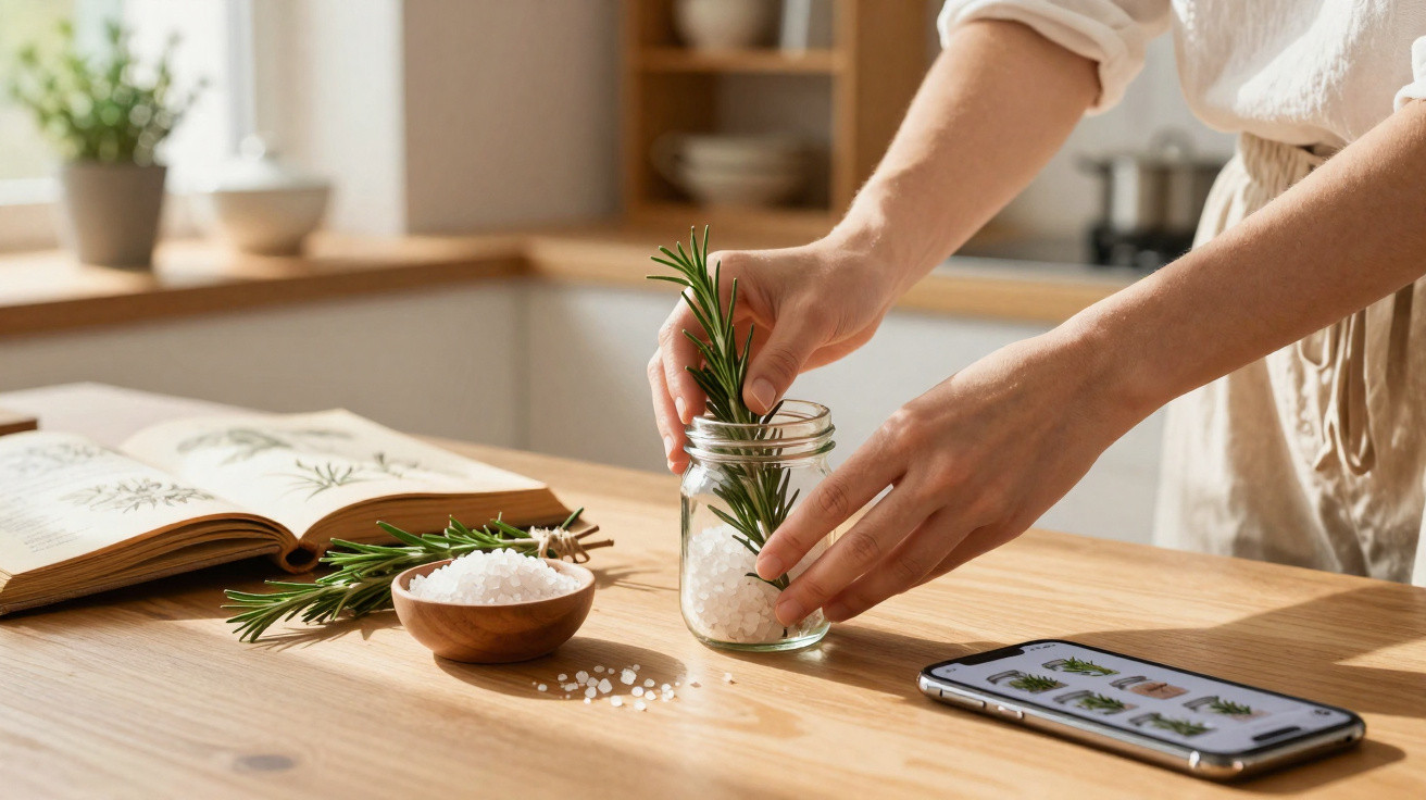 Person füllt Glas mit grobem Salz und Rosmarinzweigen auf einem Holztisch, daneben Smartphone und Buch.