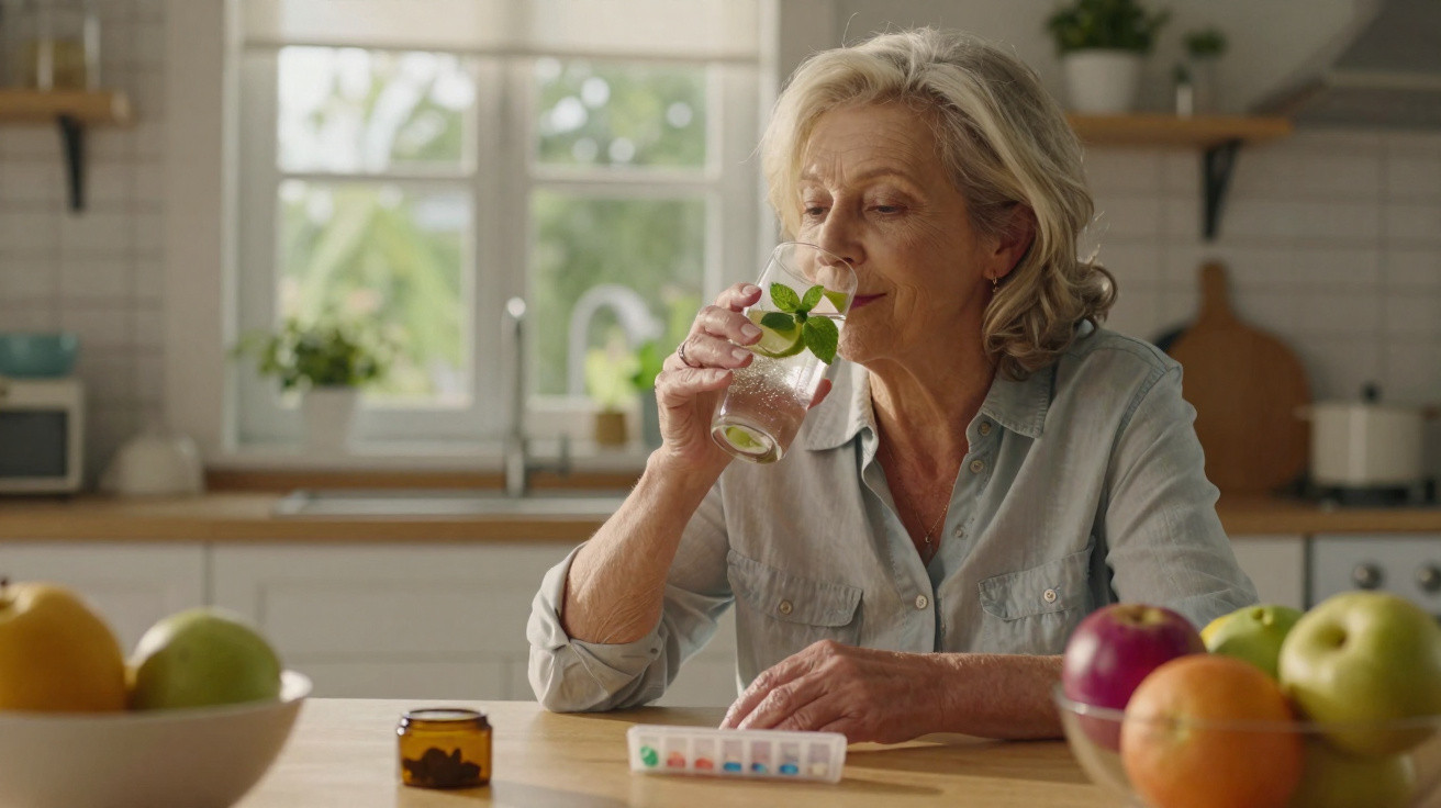 Ältere Frau trinkt Wasser mit Minze und nimmt morgens Medikamente in einer hellen Küche ein.