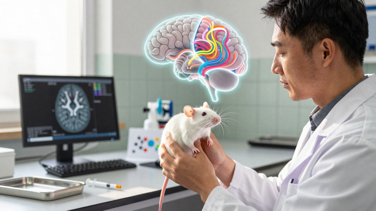 Wissenschaftler hält weiße Laborratte, Gehirnillustration und Gehirnscan auf Monitor im Forschungsraum sichtbar.