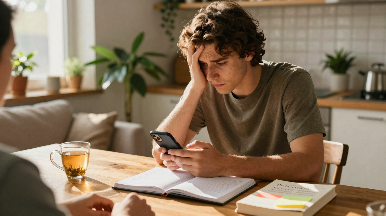 Junger Mann sitzt am Tisch, schaut besorgt auf sein Smartphone, umgeben von Büchern und Tee.