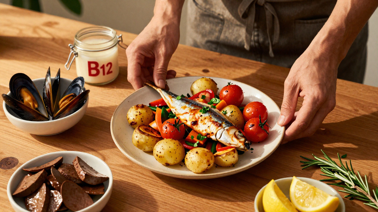Person serviert Teller mit gegrilltem Fisch, Kartoffeln, Kirschtomaten und Gemüse auf Holztisch mit Zitronen und Muscheln
