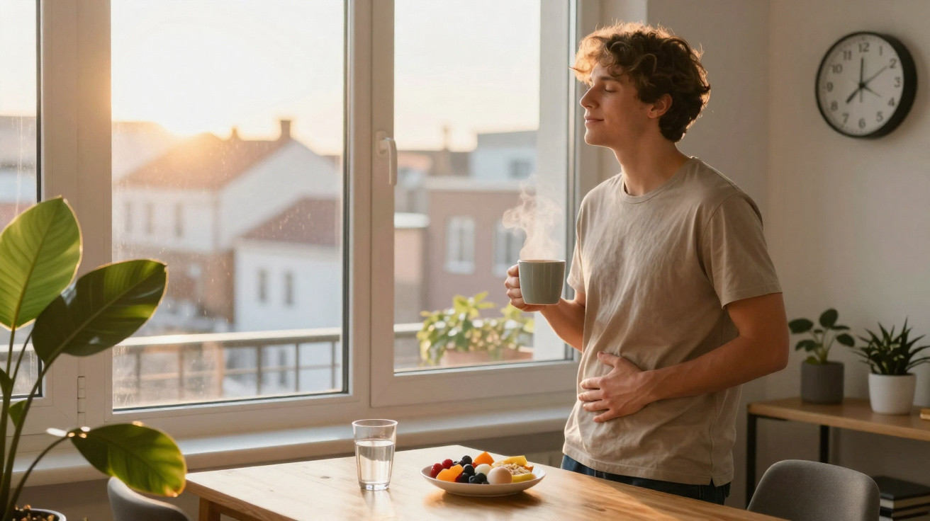 Junger Mann genießt bei Sonnenaufgang dampfendes Getränk am Fenster mit Frühstück auf dem Tisch.