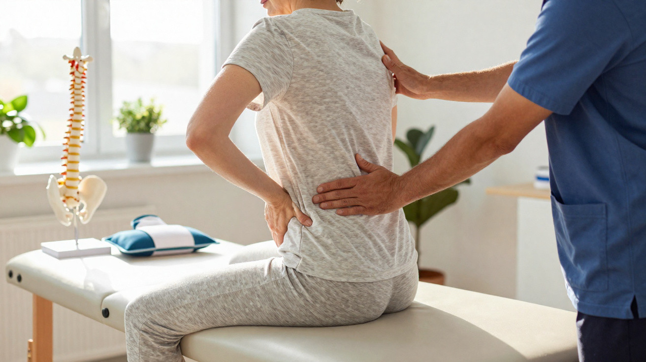 Frau sitzt auf Therapieliege, hält sich schmerzhaft den Rücken, Therapeut tastet Wirbelsäule ab.