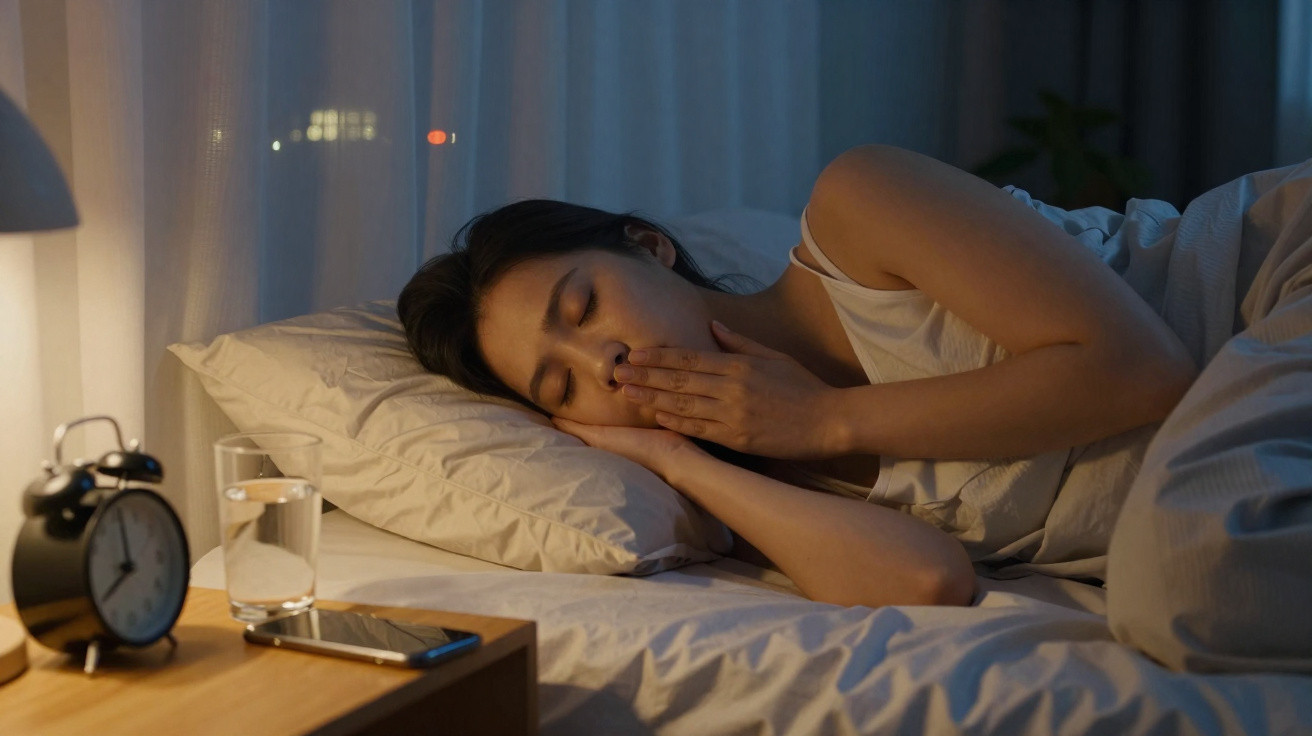 Frau liegt im Bett und gähnt, neben Nachtisch mit Wecker, Glas Wasser und Smartphone, gedämpftes Licht.