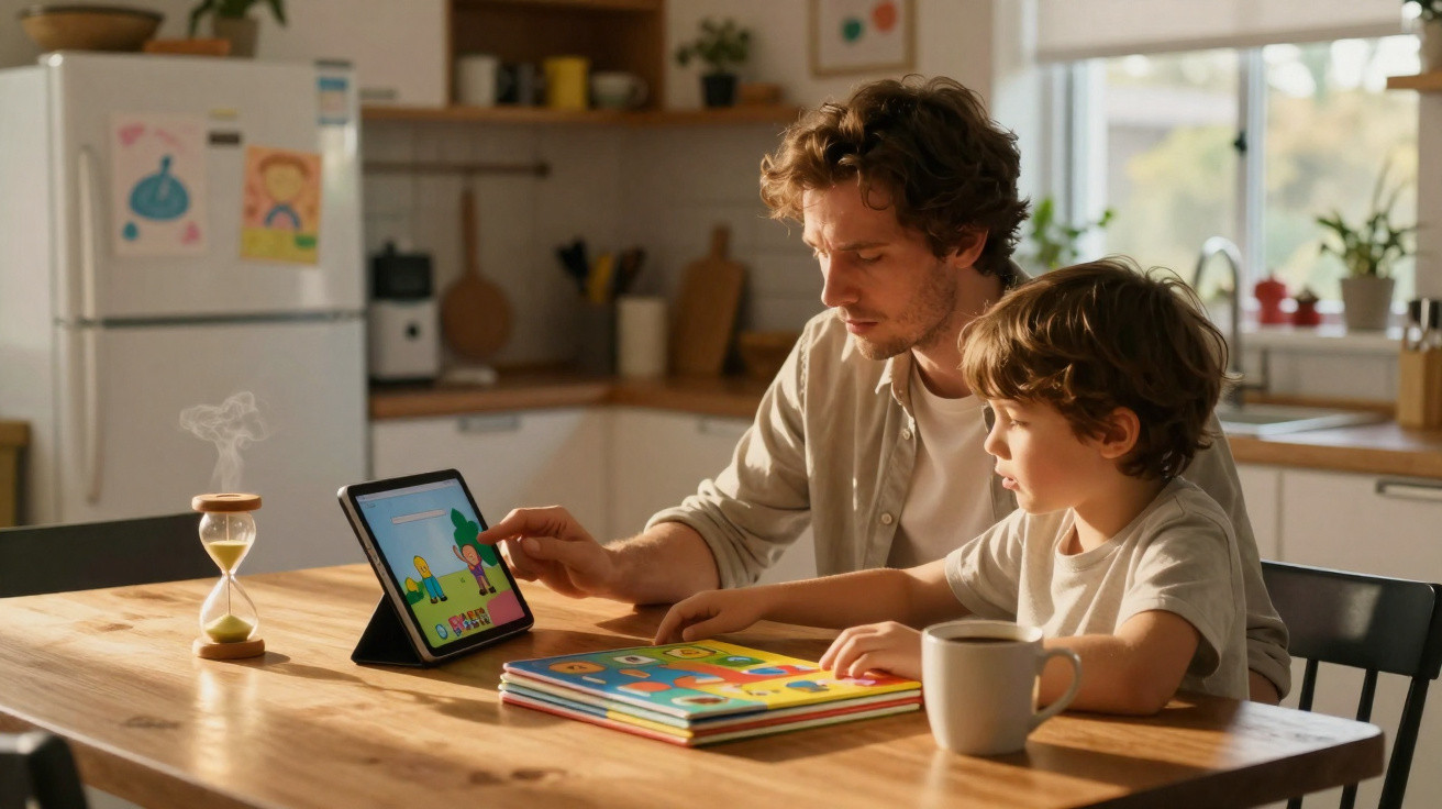 Vater und Sohn sitzen am Küchentisch und nutzen zusammen ein Tablet, Bücher und Sanduhr stehen darauf.