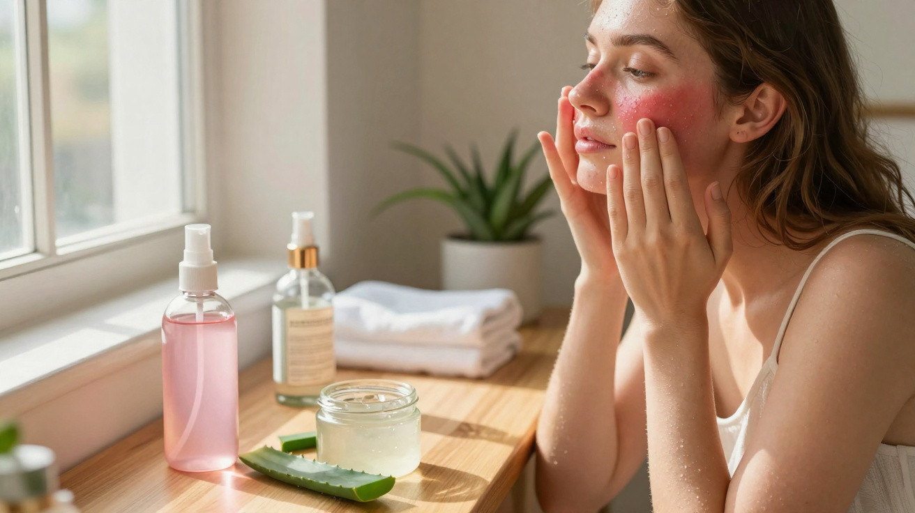 Frau mit geröteter Haut, die Aloe-Vera-Gel und Hautpflegeprodukte an einem Fensterbrett aufträgt.