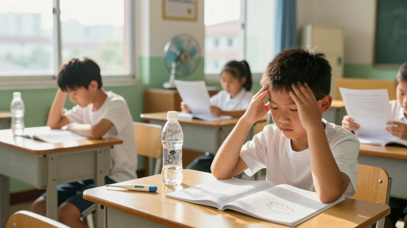 Schüler sitzen in Klassenzimmer an Schreibtischen und konzentrieren sich auf ihre Aufgaben.