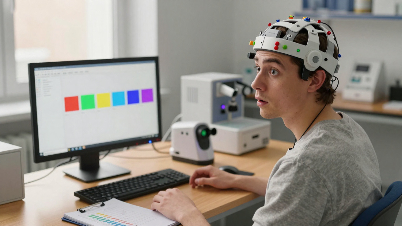 Junger Mann mit EEG-Haube sitzt vor PC mit farbigen Kästchen im Labor oder Büro.