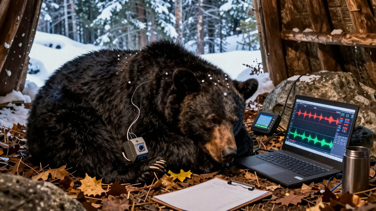 Braunbär mit Sensoren und Kamera im Wald während Winterschlafüberwachung neben Laptop und Notizblock.