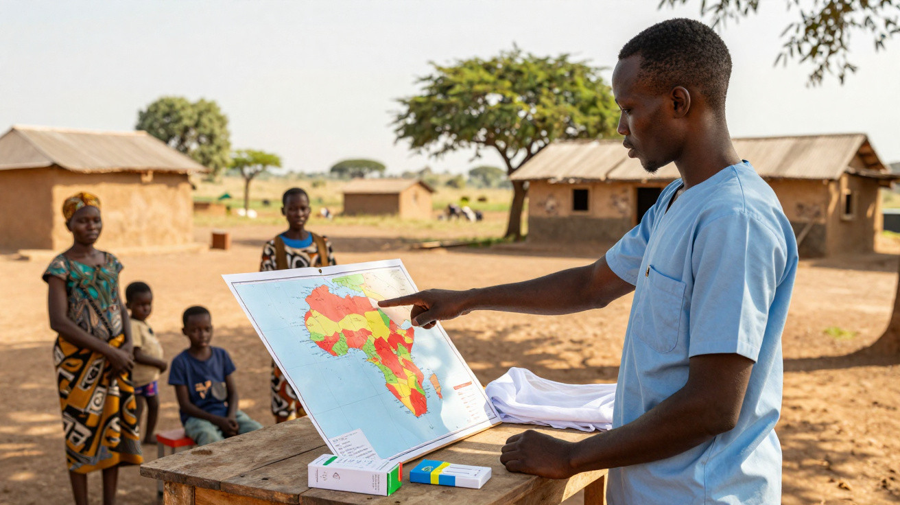 Mann in blauer Kleidung zeigt auf eine Afrika-Karte, während eine Gruppe Kinder und Frauen im Dorf zuhört.