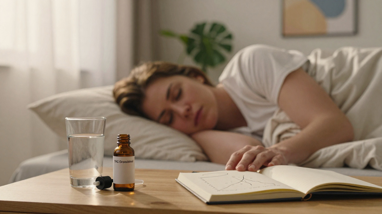 Frau liegt schlafend im Bett, auf Nachttisch Glas Wasser, Medikamententropfenflasche und aufgeklapptes Buch.