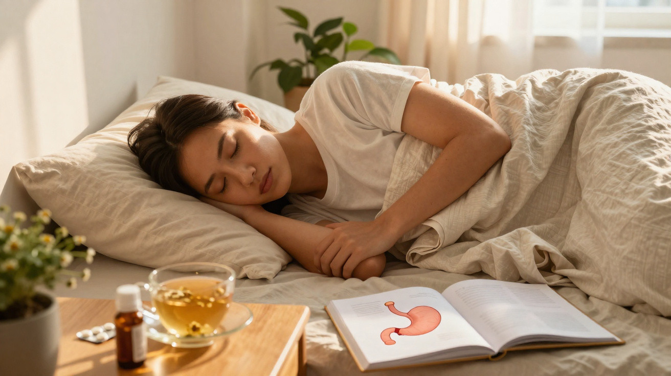 Frau schläft im Bett neben offenem Buch mit Magenillustration, Tee und Medikamenten auf Nachttisch.
