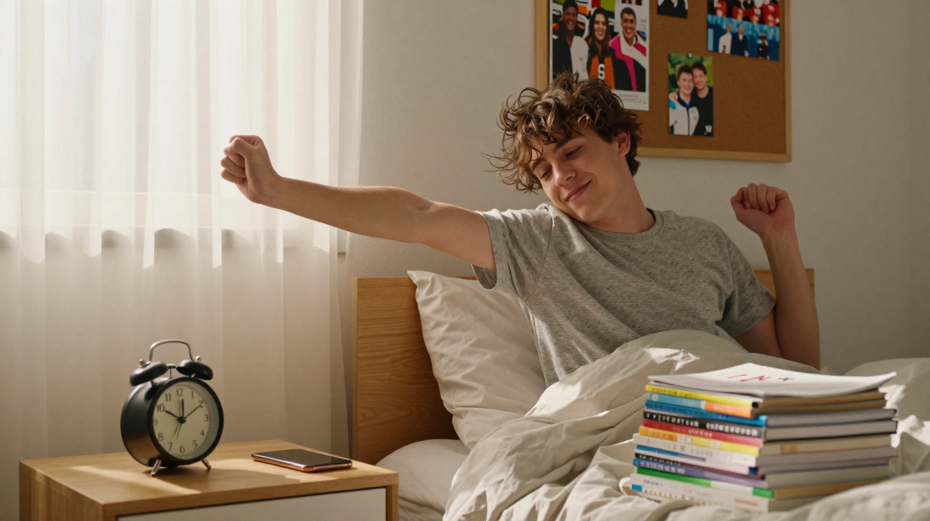 Junger Mann sitzt im Bett, reckt sich, umgeben von Büchern, Wecker und Smartphone auf Nachttisch.