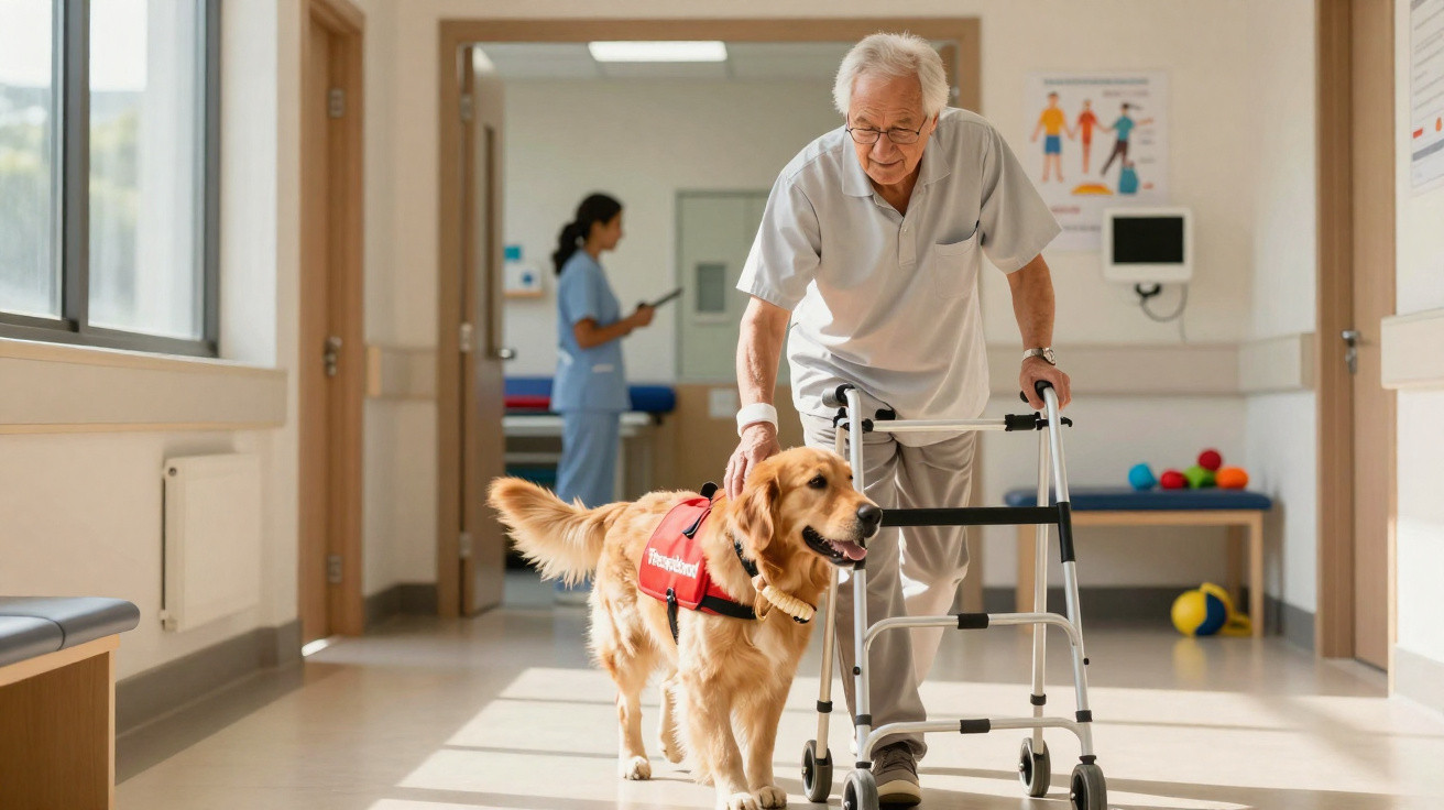 Älterer Mann mit Rollator wird von Therapiehund in Klinikflur begleitet, Pflegerin im Hintergrund.