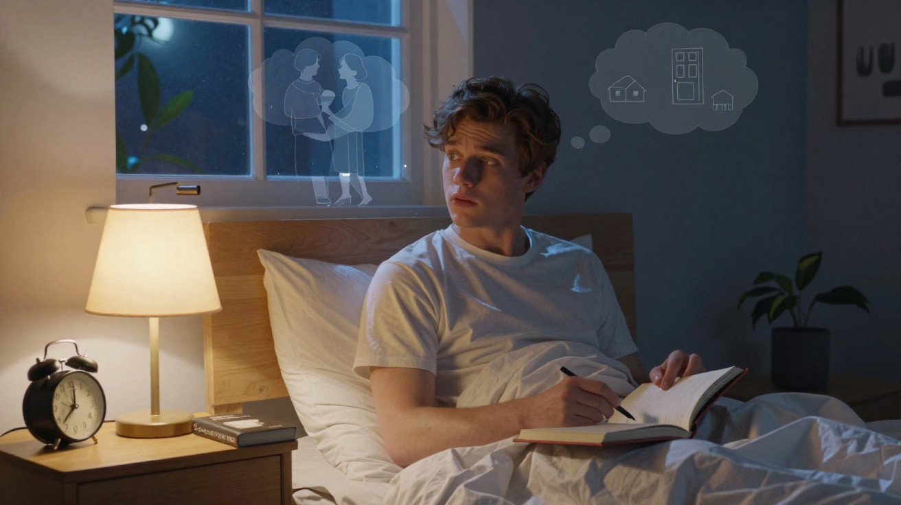 Junger Mann sitzt im Bett und denkt nach, mit Illustrationen von Paar und Haus über ihm.
