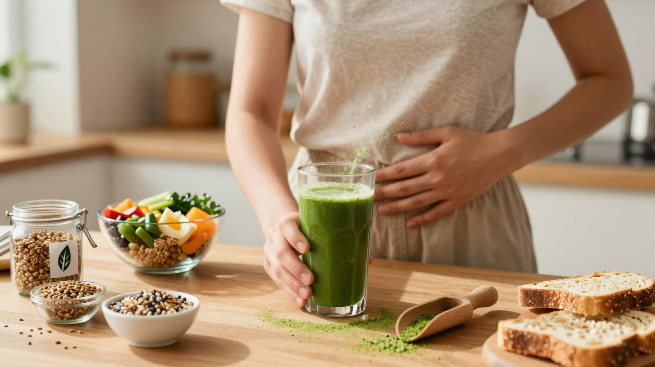 Frau hält grünen Smoothie, hält sich den Bauch, gesunde Lebensmittel auf Holztisch in moderner Küche.