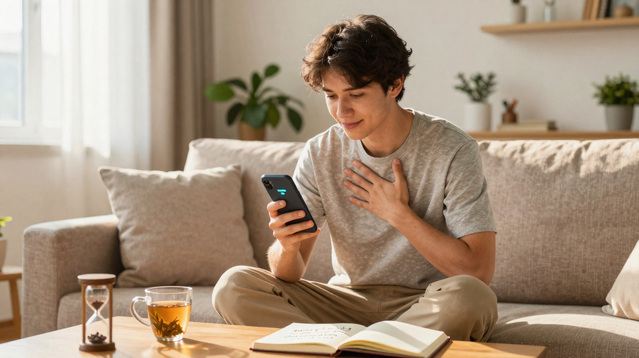 Junger Mann sitzt auf Sofa, lächelt beim Blick auf sein Smartphone, offenens Buch und Tee auf Tisch.