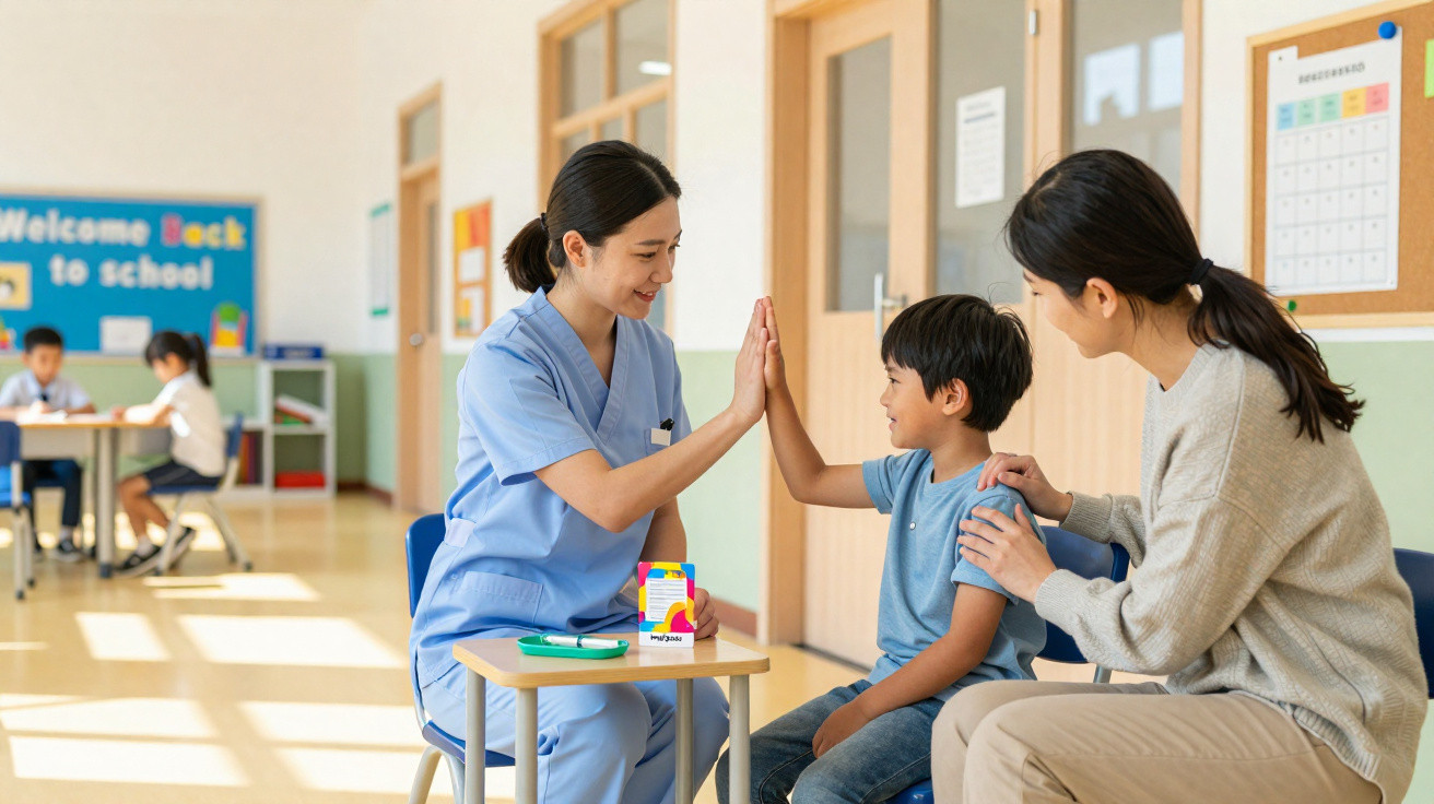 Krankenschwester gibt Jungen in Schulklinik einen High-Five, Mutter sitzt unterstützend daneben.