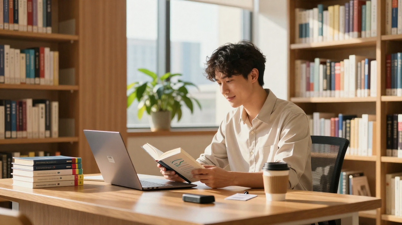 Junger Mann liest Buch in moderner Bibliothek mit Laptop, Kaffeebecher und Bücherstapel am Holztisch.