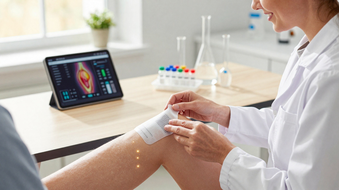 Ärztin bringt medizinisches Pflaster am Knie eines Patienten an, digitaler Bildschirm zeigt Gelenkanalyse.