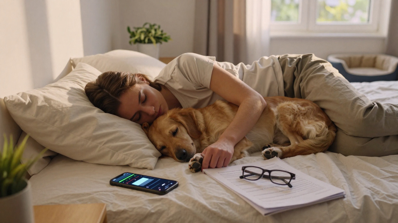 Eine Frau schläft im Bett und kuschelt mit einem schlafenden Hund, neben ihr liegen Handy, Brille und Notizen.